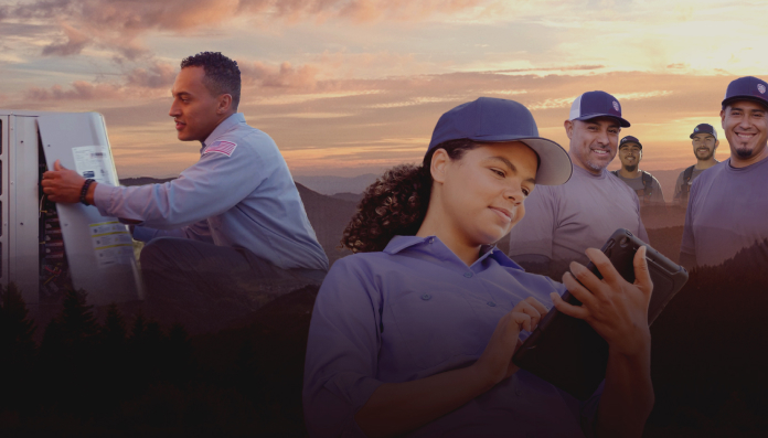 landscape background with sales rep looking at a tablet. other employees are doing various jobs on the side.